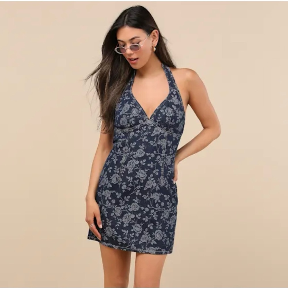 Lulus Summertime Inspiration Dark Wash Floral Denim Halter Mini Dress Blue - Picture 2 of 8